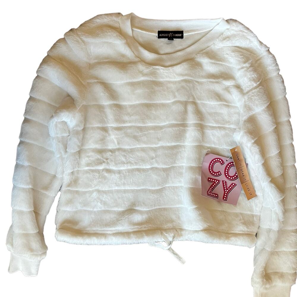 Almost Famous Cozy White fuzzy sweater drawstring cinch waist Med NWT